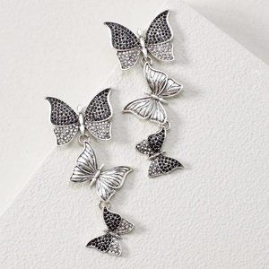 WHBM * Butterfly BLACK CRYSTALS Silvertone Earrings